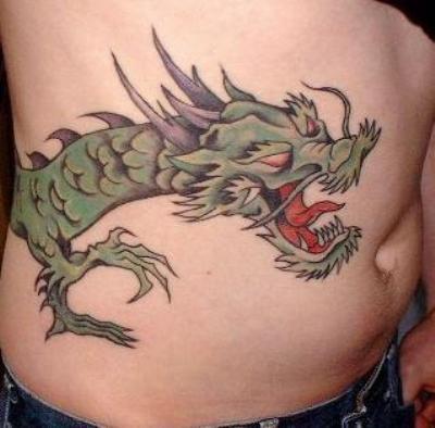 A Chinese dragon tattoo on man's hip.